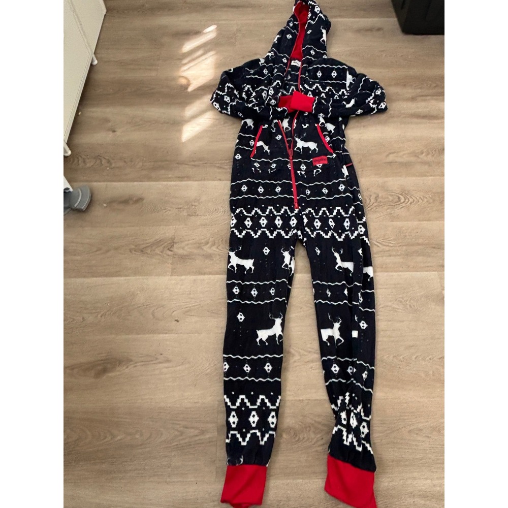 Tipsy Elves Reindeer Fair Isle Hooded Fleece Jumpsuit Navy Red White Large